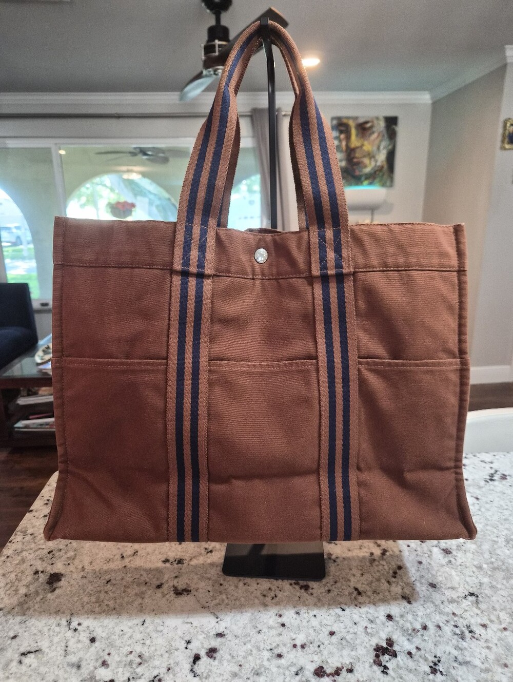 Hermès Fourre Tout GM Canvas Tote Bag Brown Navy Blue Striped Vintage